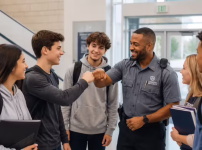 A security guard at school entrance doing a fist bump with a student while more students are gathered nearby them