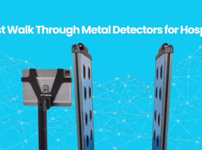 Athena Secuity's weapons detection system showing blue walk-through metal detector gates and handheld scanner on teal background with network pattern.
