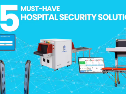 Athena Security banner showing 5 must-have hospital security solutions, including X-ray scanner, access gates, tablet interface, and stretcher on a blue background
