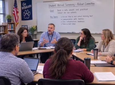 School security team meeting to discuss how to build a weapons screening rollout plan for schools