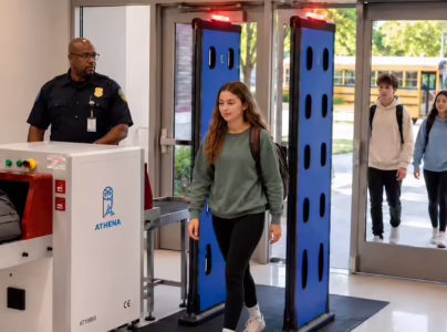 Students enter a school through Athena Apollo 500 while backpacks are screened by an AI X-ray baggage scanner to detect vapes in schools with AI technology