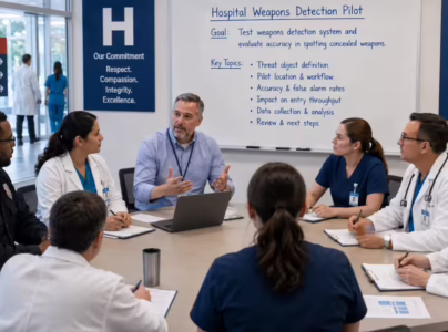 Security team, doctors, nurses, and hospital admins discussing how to run a weapons screening pilot at a hospital