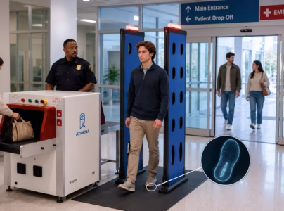 A hospital entrance with Athena's WDS and X-ray baggage scanner installed, showing how to detect knives and small blades at hospital entrances.