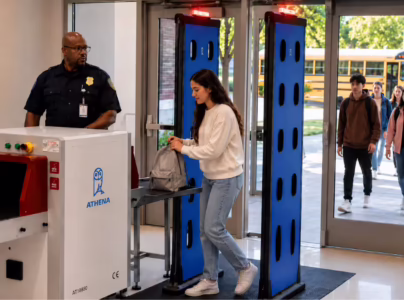Students pass through an Athena weapon screening system at a school entrance, showing how to screen a large number of students quickly for weapons