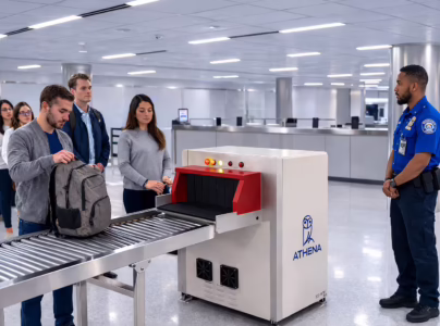 Athena AI-assisted X-ray baggage scanner for hospital security solutions screening backpack on conveyor in bright security area