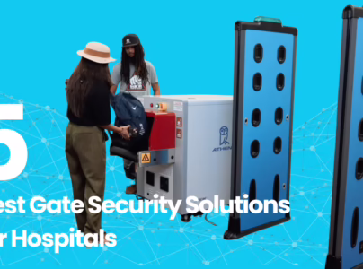 Athena Security banner showing best gate security solutions for hospitals with blue detection gates, X-ray scanner, and people screening bags on teal background