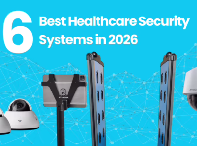 Athena Security banner showing best healthcare security systems with blue screening gates, advanced detection equipment, and modern medical facility background