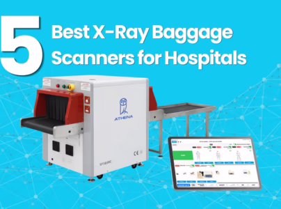 Athena blog thumbnail showing best x-ray baggage scanners for hospitals with compact X-ray machine, conveyor belt, and screening interface on blue background
