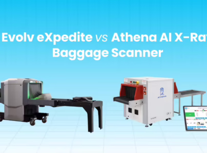 Banner comparing Athena AI X-Ray Baggage Scanner and Evolv eXpedite security screening systems on a blue gradient background with conveyor-based baggage scanners and Athena branding, highlighting the Evolv eXpedite vs Athena AI X-Ray Baggage Scanner comparison