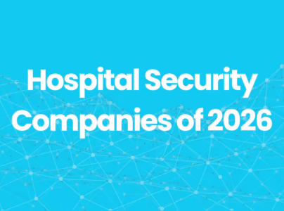 Athena blog banner showing hospital security companies of 2026 text on blue background with abstract network pattern
