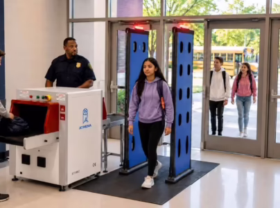 How to prevent knives and small weapons from entering schools with Athena Security’s concealed weapons detection system and AI X-ray baggage scanner at a school entrance