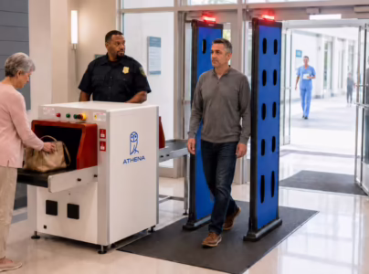 Hospital visitors walk through Athena Apollo 500 while bags are screened by an AI X-ray scanner to help prevent weapons from entering a hospital