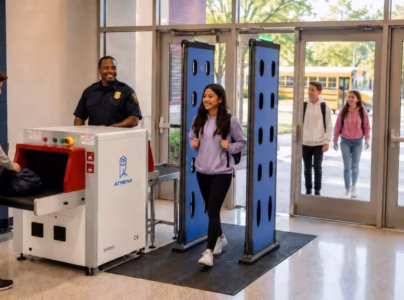 Students pass through Athena Security’s blue concealed weapons detector and AI X-ray baggage scanner at a bright school entrance monitored by a guard